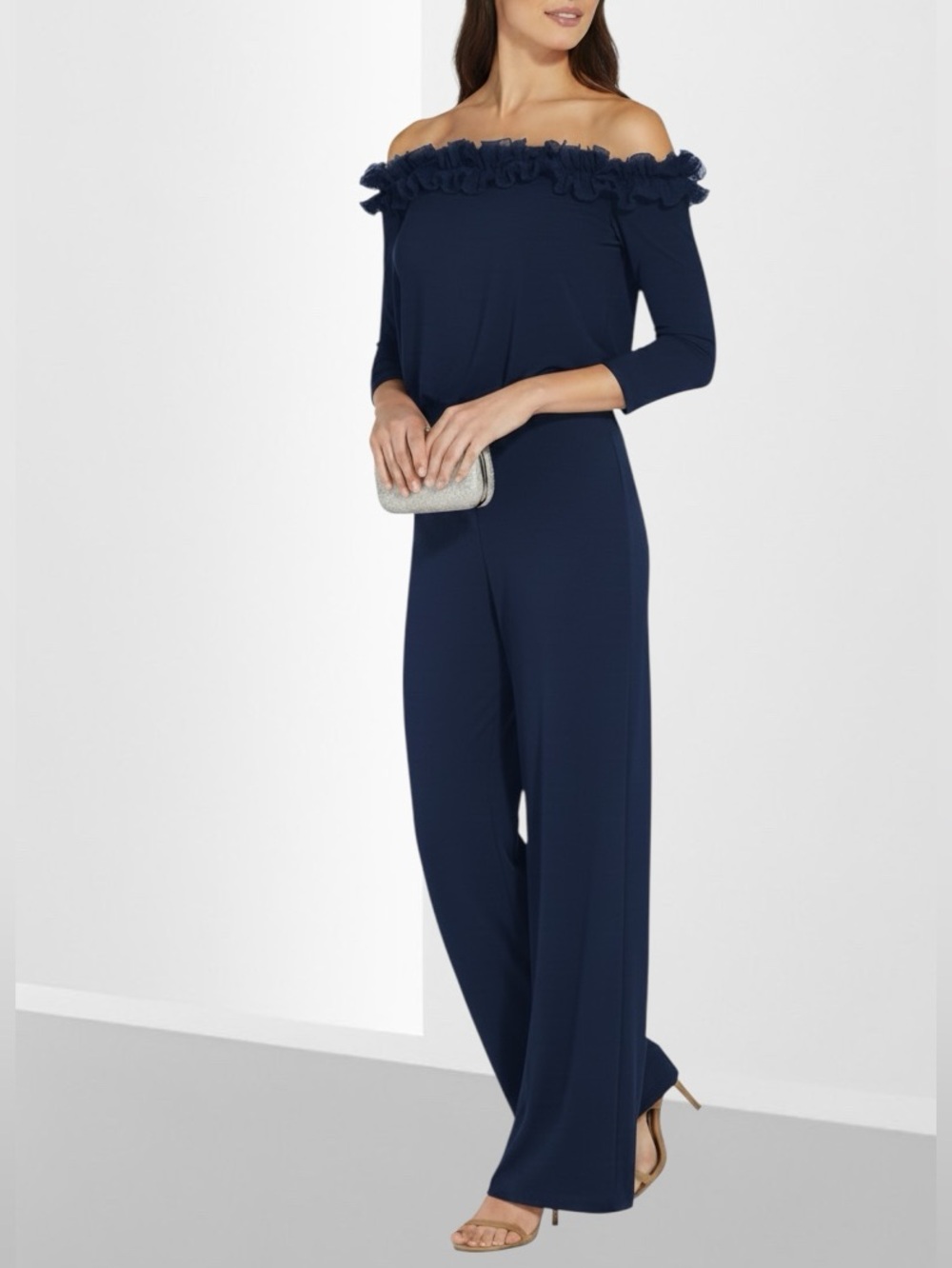 ADRIANNA PAPELL Navy Off The Shoulder Ruffle Trim Blouson Jumpsuit